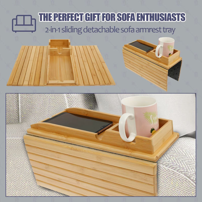Couch Cup Holder Bamboo Sofa Armrest Tray – Foldable Anti-Slip Sofa Side Table