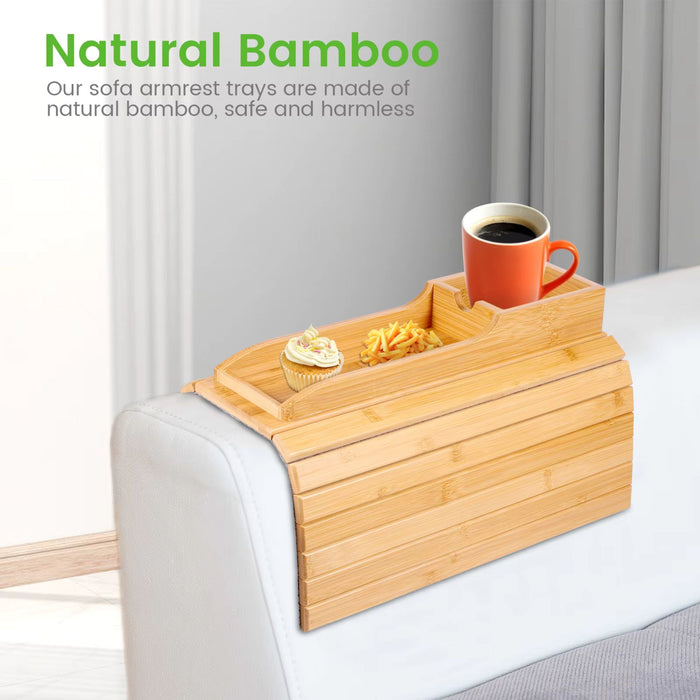 Couch Cup Holder Bamboo Sofa Armrest Tray – Foldable Anti-Slip Sofa Side Table
