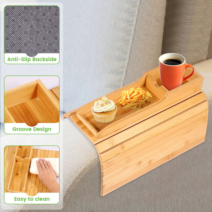 Couch Cup Holder Bamboo Sofa Armrest Tray – Foldable Anti-Slip Sofa Side Table