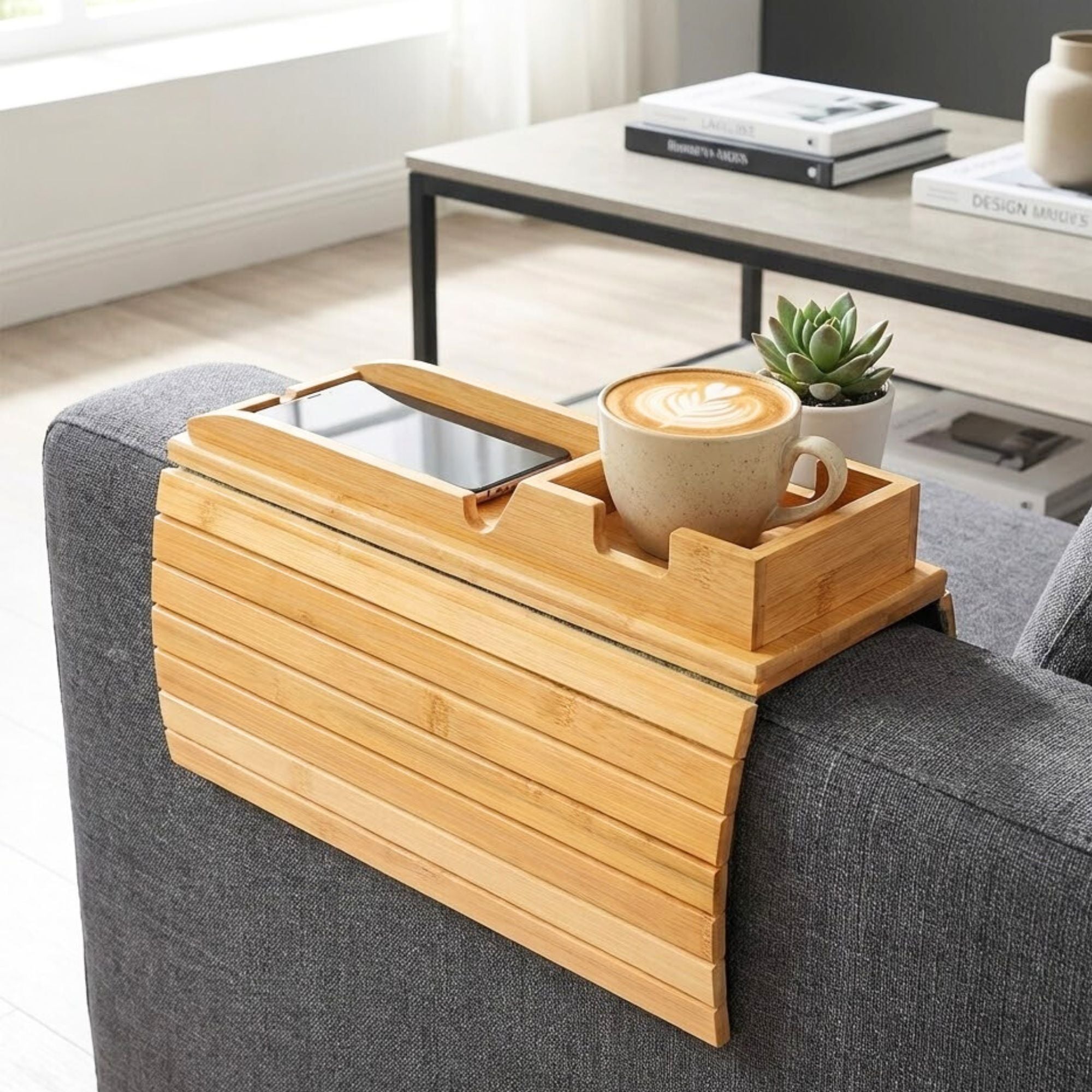 Couch Cup Holder Bamboo Sofa Armrest Tray – Foldable Anti-Slip Sofa Side Table