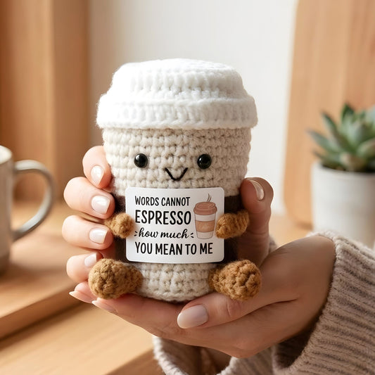 Crochet Coffee Mug Gift – Funny Knitted Desk Ornament with Card