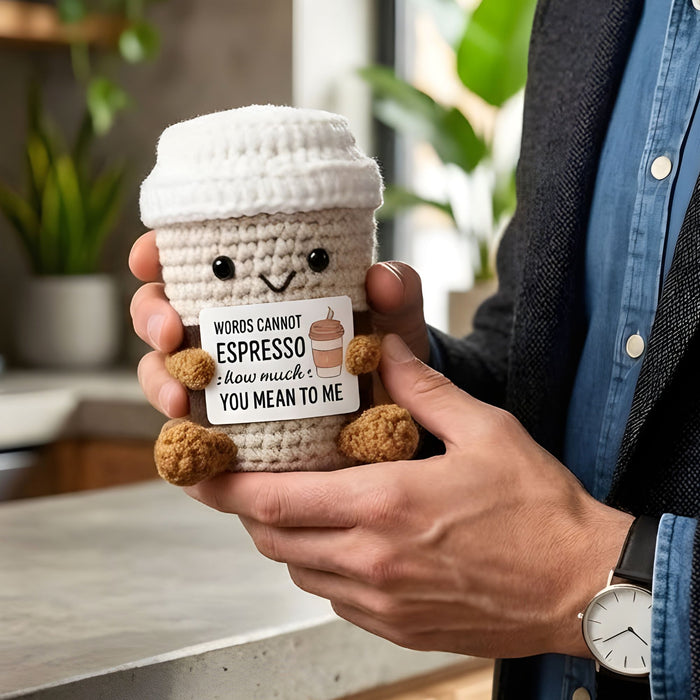 Crochet Coffee Mug Gift – Funny Knitted Desk Ornament with Card