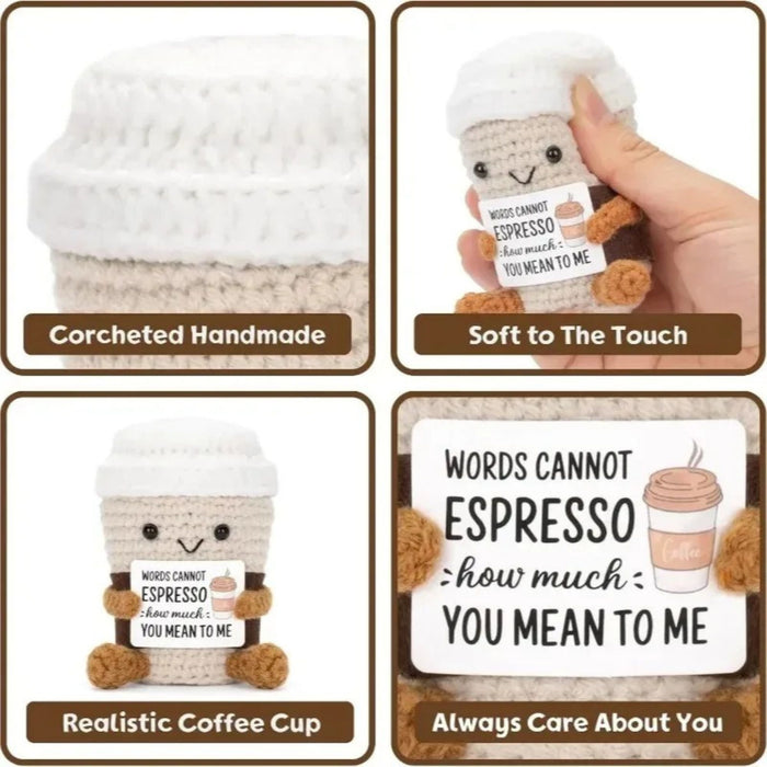 Crochet Coffee Mug Gift – Funny Knitted Desk Ornament with Card