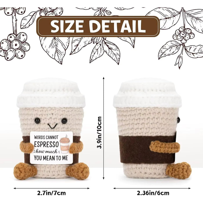 Crochet Coffee Mug Gift – Funny Knitted Desk Ornament with Card