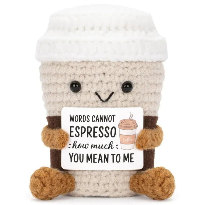Crochet Coffee Mug Gift – Funny Knitted Desk Ornament with Card