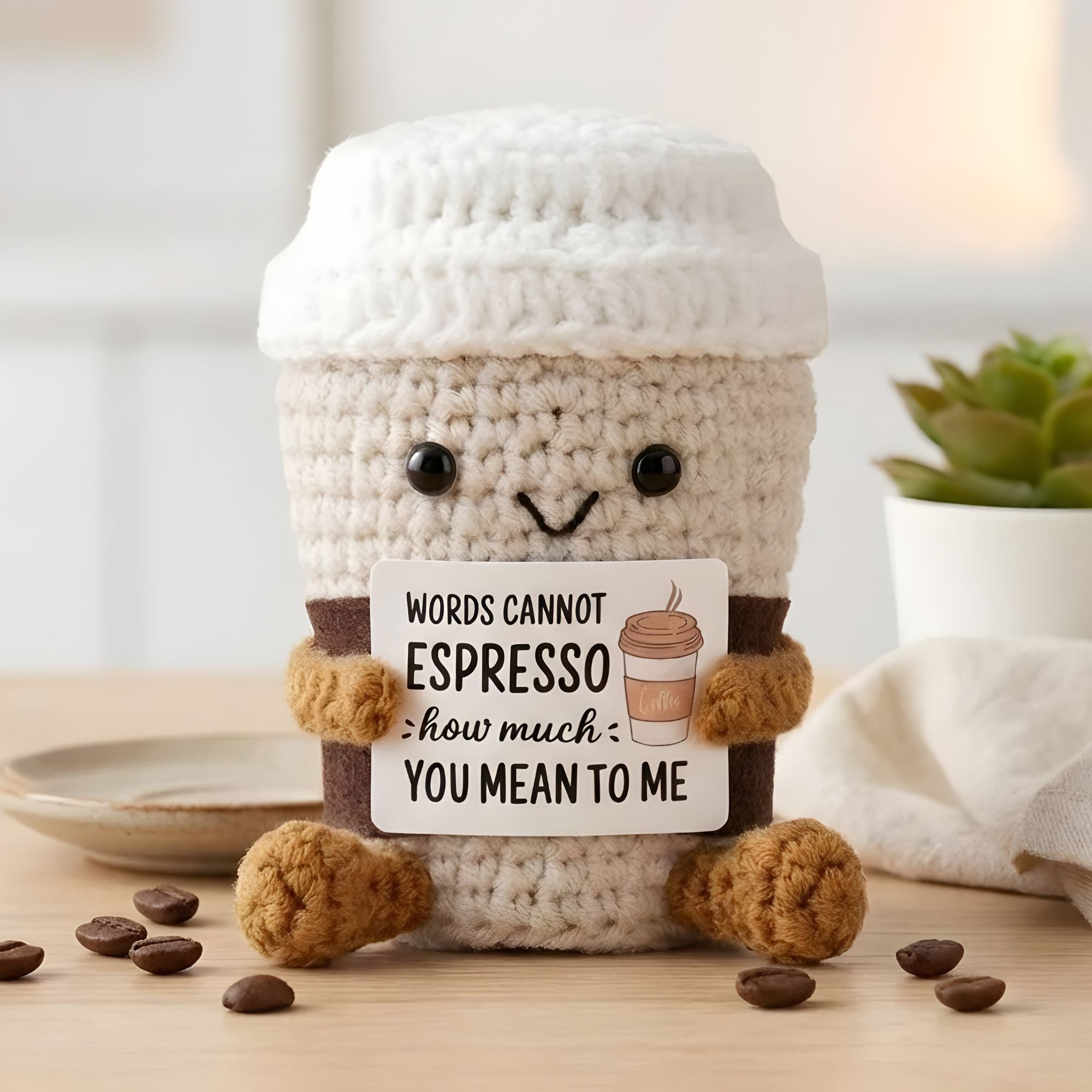 Crochet Coffee Mug Gift – Funny Knitted Desk Ornament with Card