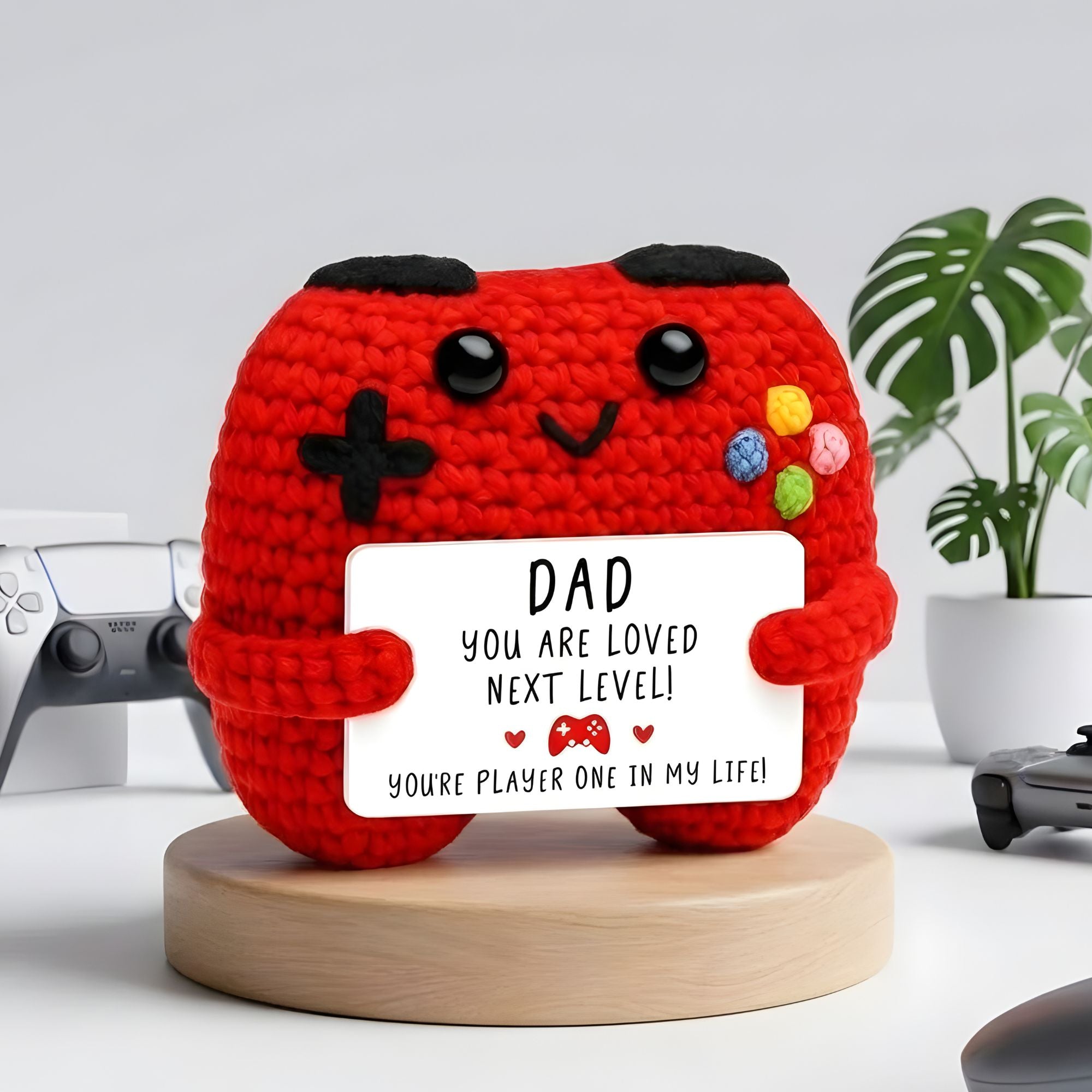 Crochet Dad Game Controller – Handmade Knitted Gaming Gift with Card