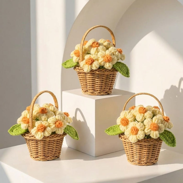 Crochet Daffodils Flower Basket – Hand-Knitted Potted Floral Home Decor