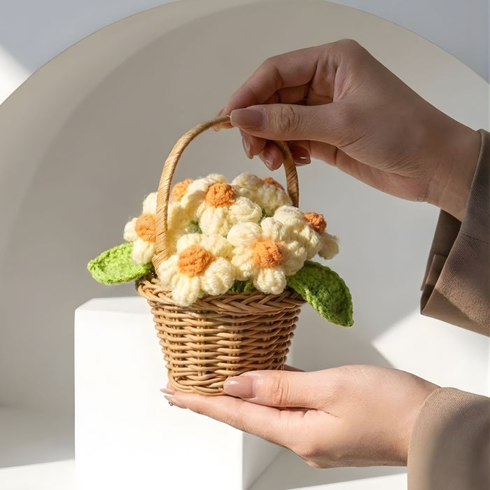 Crochet Daffodils Flower Basket – Hand-Knitted Potted Floral Home Decor