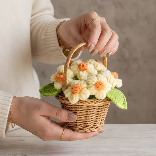 Crochet Daffodils Flower Basket – Hand-Knitted Potted Floral Home Decor