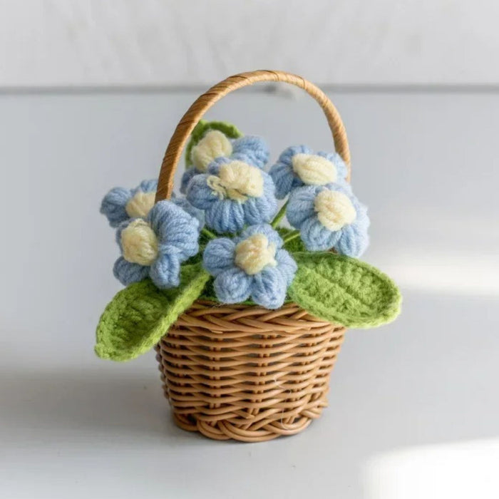 Crochet Forget-Me-Not Flower Basket – Hand-Knitted Potted Floral Home Decor