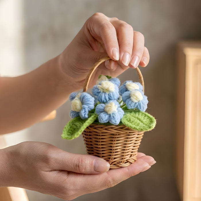 Crochet Forget-Me-Not Flower Basket – Hand-Knitted Potted Floral Home Decor