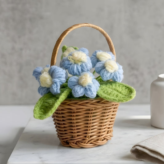 Crochet Forget-Me-Not Flower Basket – Hand-Knitted Potted Floral Home Decor