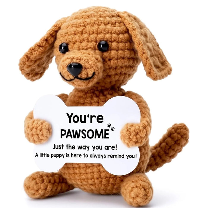 Crochet Positive Energy Dog Doll – Handmade Knitted Puppy Gift with Card
