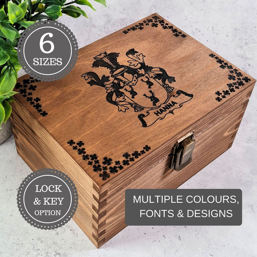 Custom Engraved Coat of Arms Memory Box | Personalised Family Crest Wood Keepsake Box in 6 Sizes & Colours
