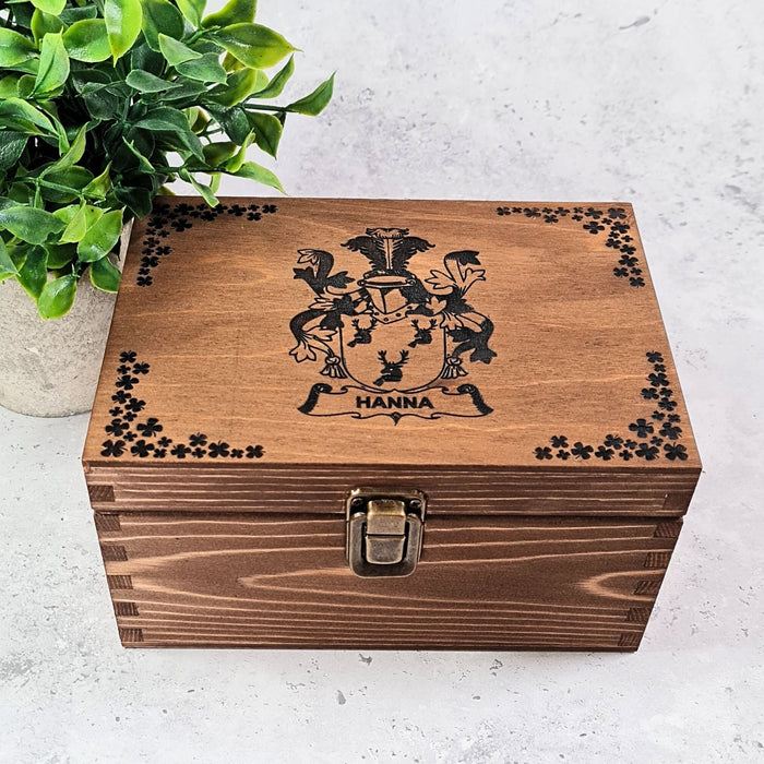 Custom Engraved Coat of Arms Memory Box | Personalised Family Crest Wood Keepsake Box in 6 Sizes & Colours