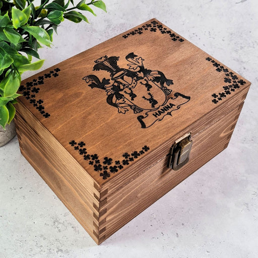 Custom Engraved Coat of Arms Memory Box | Personalised Family Crest Wood Keepsake Box in 6 Sizes & Colours