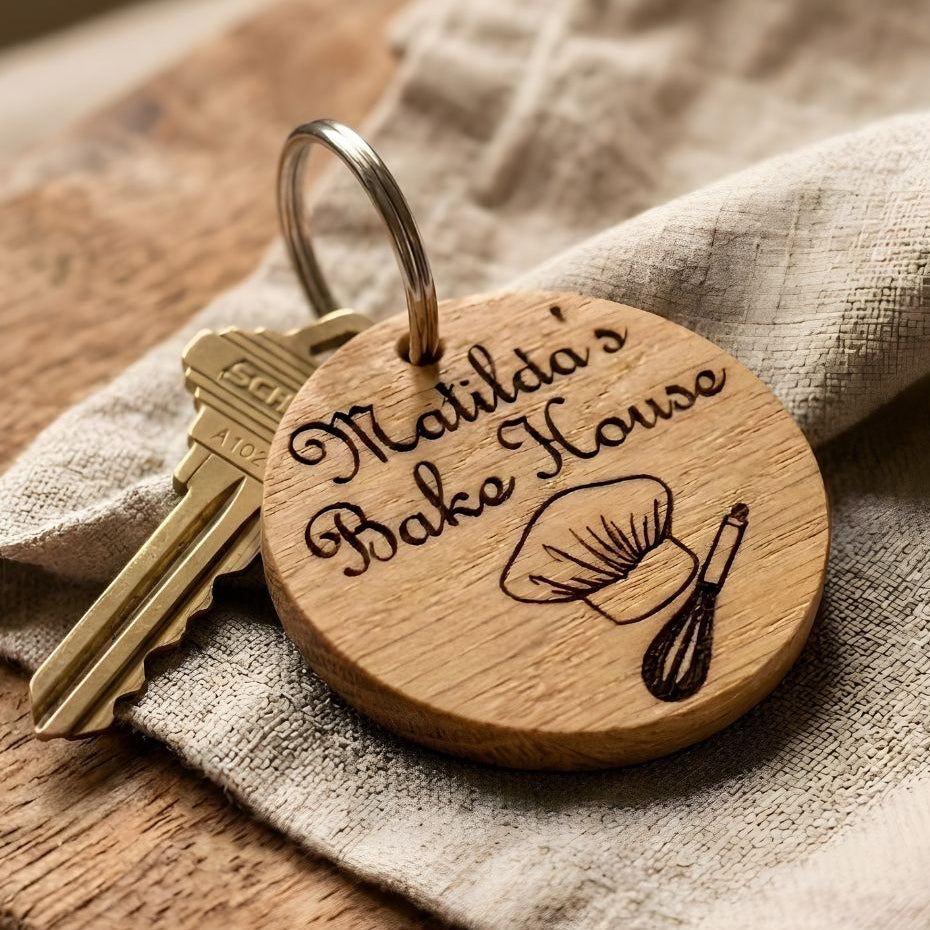 Custom Engraved Logo Keyring I Round Wooden Keyring I Personalised Business Keychain I Luxury Business Branded Fob