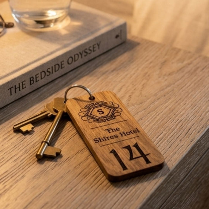Custom Hotel Keyring, Engraved Wooden Keyrings, Personalised Guesthouse Keychain, Business Logo Key Tag, Branded Oak Wood Key Fob