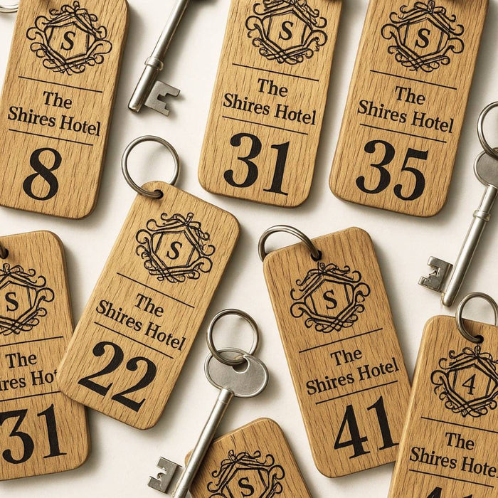 Custom Hotel Keyring, Engraved Wooden Keyrings, Personalised Guesthouse Keychain, Business Logo Key Tag, Branded Oak Wood Key Fob