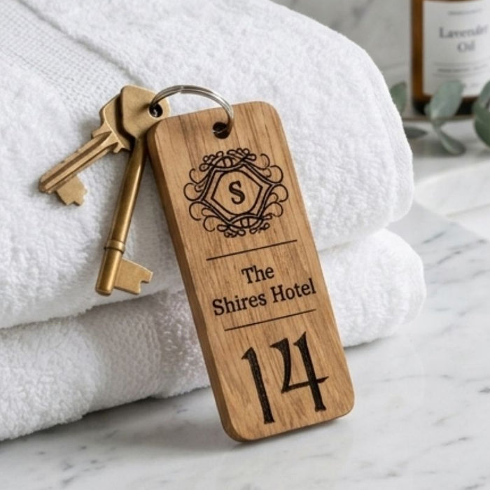Custom Hotel Keyring, Engraved Wooden Keyrings, Personalised Guesthouse Keychain, Business Logo Key Tag, Branded Oak Wood Key Fob