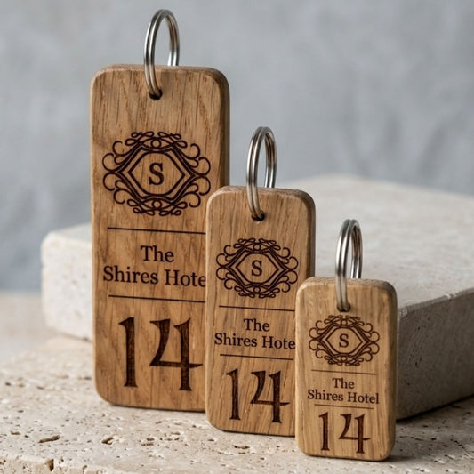 Custom Hotel Keyring, Engraved Wooden Keyrings, Personalised Guesthouse Keychain, Business Logo Key Tag, Branded Oak Wood Key Fob