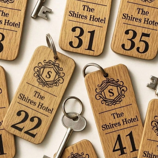 Custom Hotel Keyring, Engraved Wooden Keyrings, Personalised Guesthouse Keychain, Business Logo Key Tag, Branded Oak Wood Key Fob