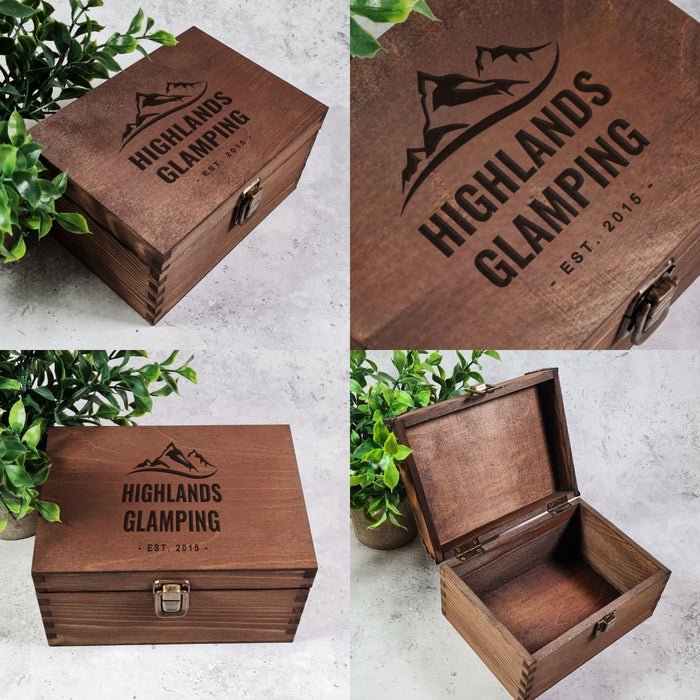 Custom Logo Branded Wooden Box for Glamping Businesses - 6 Sizes Small to XLarge