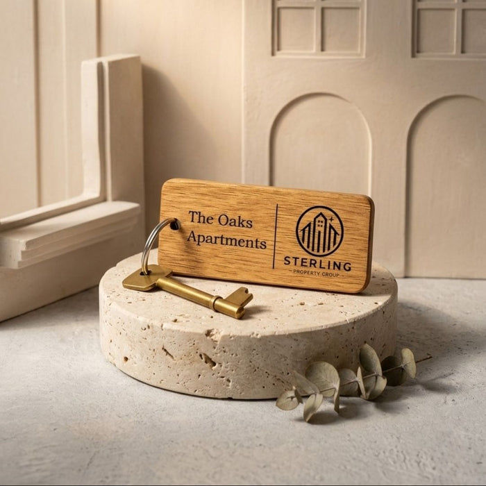 Custom Wooden Keyrings for Airbnb, Hotels & Property Management | Engraved Solid Oak with Logo, Text & QR Code