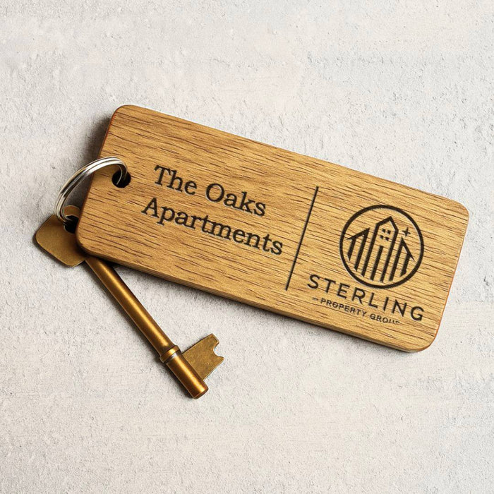 Custom Wooden Keyrings for Airbnb, Hotels & Property Management | Engraved Solid Oak with Logo, Text & QR Code