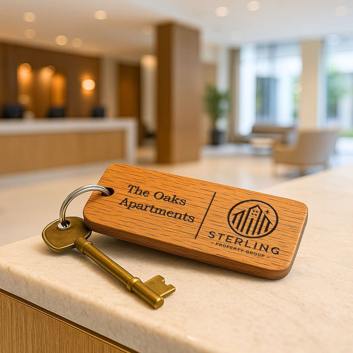 Custom Wooden Keyrings for Airbnb, Hotels & Property Management | Engraved Solid Oak with Logo, Text & QR Code