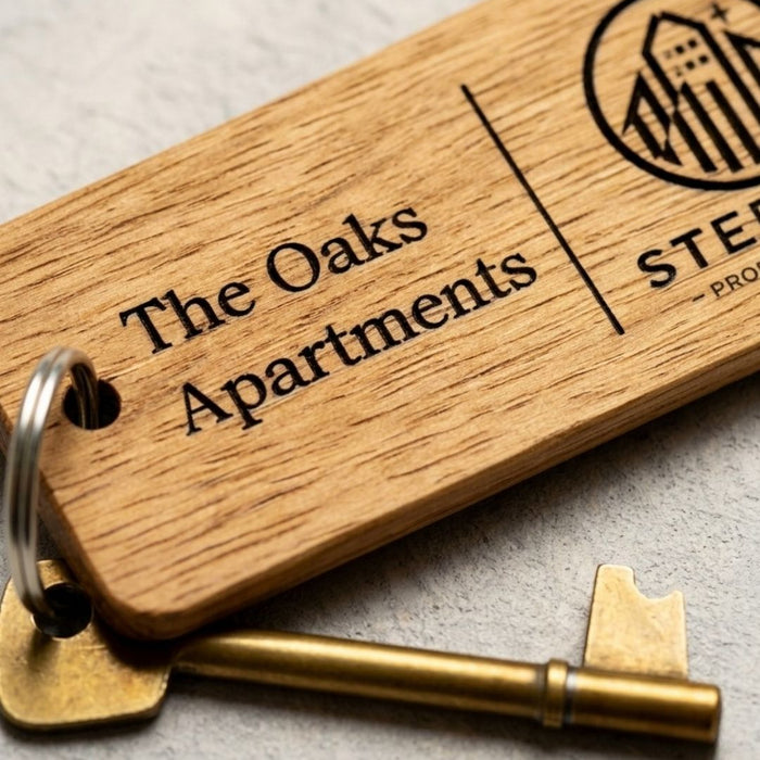 Custom Wooden Keyrings for Airbnb, Hotels & Property Management | Engraved Solid Oak with Logo, Text & QR Code