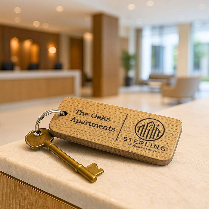 Custom Wooden Keyrings for Airbnb, Hotels & Property Management | Engraved Solid Oak with Logo, Text & QR Code