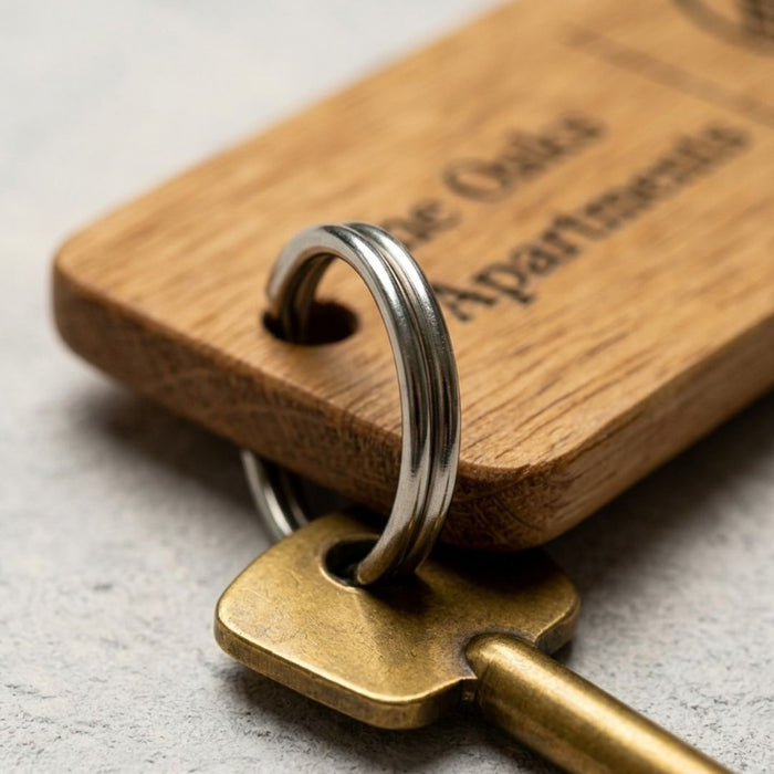Custom Wooden Keyrings for Airbnb, Hotels & Property Management | Engraved Solid Oak with Logo, Text & QR Code