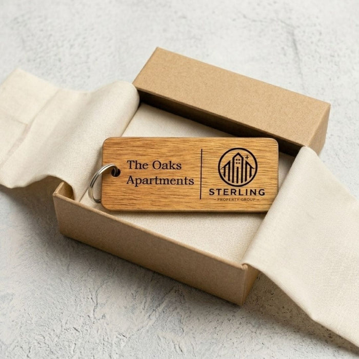 Custom Wooden Keyrings for Airbnb, Hotels & Property Management | Engraved Solid Oak with Logo, Text & QR Code