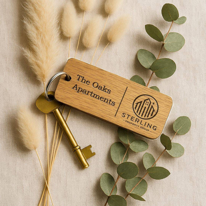 Custom Wooden Keyrings for Airbnb, Hotels & Property Management | Engraved Solid Oak with Logo, Text & QR Code