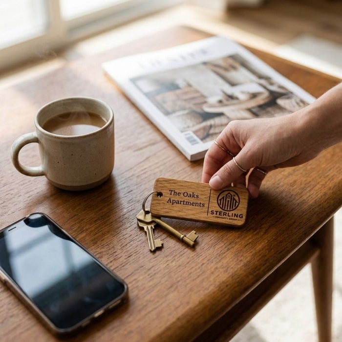 Custom Wooden Keyrings for Airbnb, Hotels & Property Management | Engraved Solid Oak with Logo, Text & QR Code