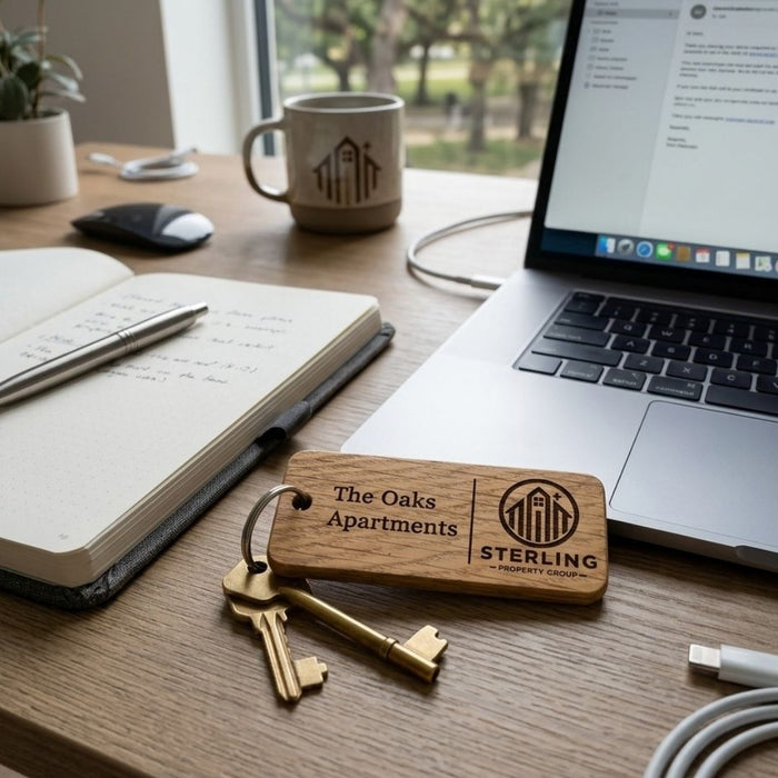 Custom Wooden Keyrings for Airbnb, Hotels & Property Management | Engraved Solid Oak with Logo, Text & QR Code