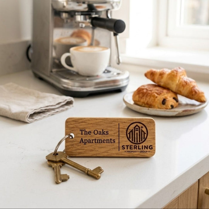 Custom Wooden Keyrings for Airbnb, Hotels & Property Management | Engraved Solid Oak with Logo, Text & QR Code