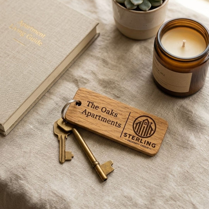 Custom Wooden Keyrings for Airbnb, Hotels & Property Management | Engraved Solid Oak with Logo, Text & QR Code