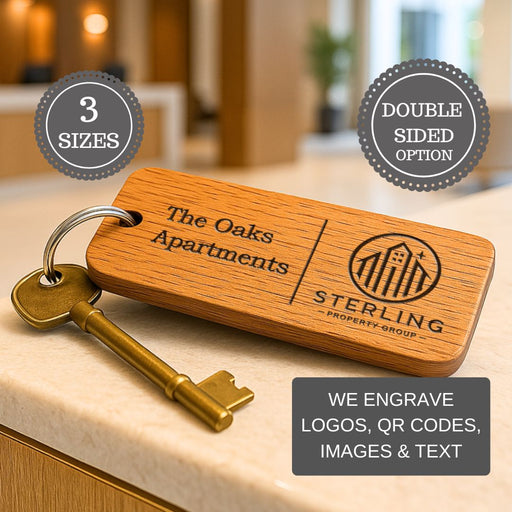 Custom Wooden Keyrings for Airbnb, Hotels & Property Management | Engraved Solid Oak with Logo, Text & QR Code
