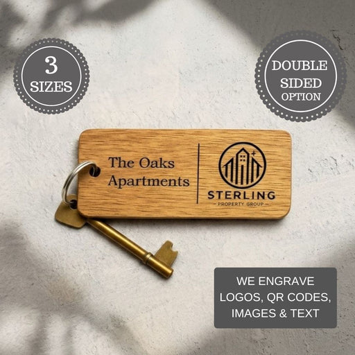 Custom Wooden Keyrings for Airbnb, Hotels & Property Management | Engraved Solid Oak with Logo, Text & QR Code