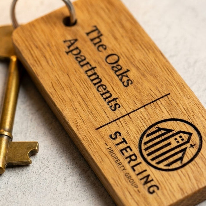 Custom Wooden Keyrings for Airbnb, Hotels & Property Management | Engraved Solid Oak with Logo, Text & QR Code