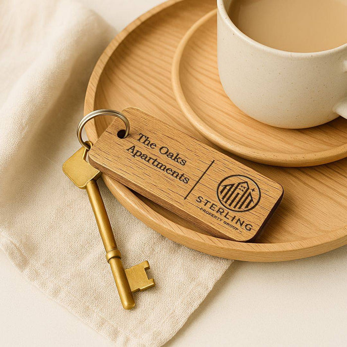Custom Wooden Keyrings for Airbnb, Hotels & Property Management | Engraved Solid Oak with Logo, Text & QR Code