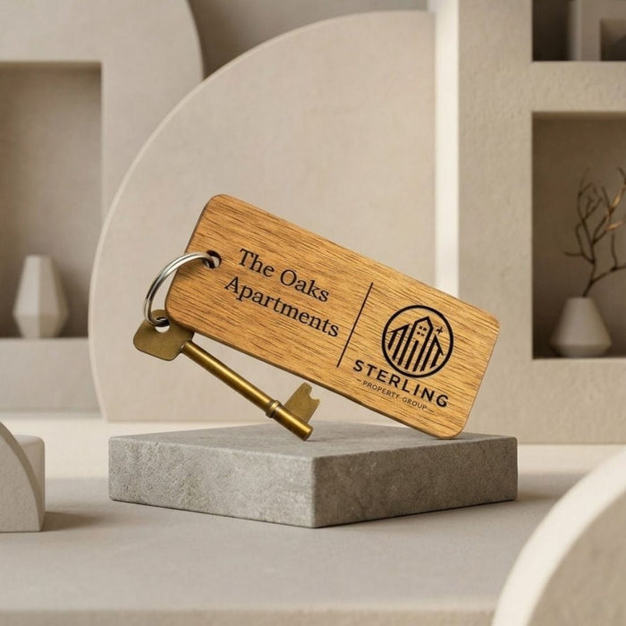 Custom Wooden Keyrings for Airbnb, Hotels & Property Management | Engraved Solid Oak with Logo, Text & QR Code