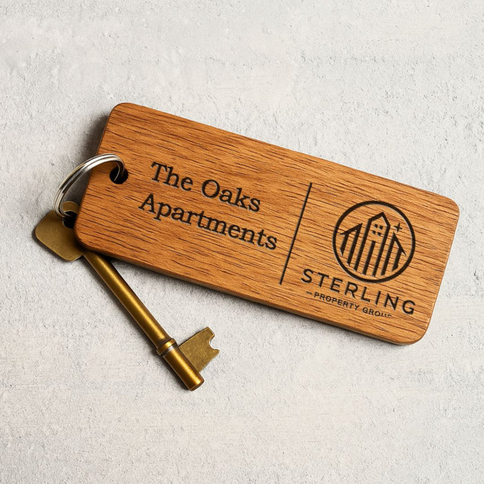Custom Wooden Keyrings for Airbnb, Hotels & Property Management | Engraved Solid Oak with Logo, Text & QR Code