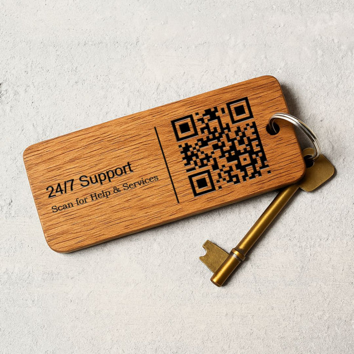 Custom Wooden Keyrings for Airbnb, Hotels & Property Management | Engraved Solid Oak with Logo, Text & QR Code