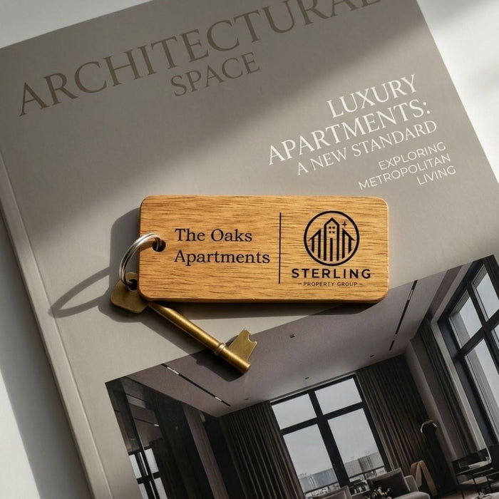 Custom Wooden Keyrings for Airbnb, Hotels & Property Management | Engraved Solid Oak with Logo, Text & QR Code