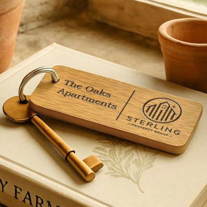 Custom Wooden Keyrings for Airbnb, Hotels & Property Management | Engraved Solid Oak with Logo, Text & QR Code
