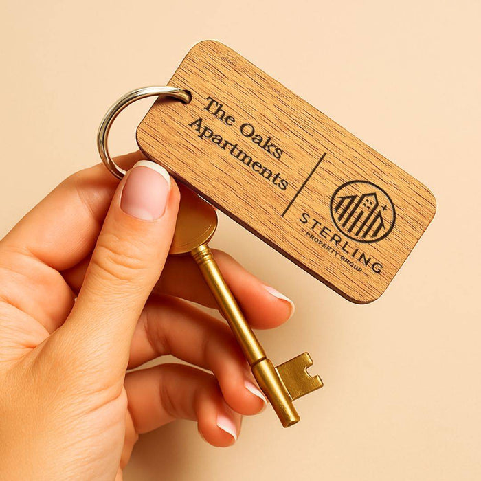 Custom Wooden Keyrings for Airbnb, Hotels & Property Management | Engraved Solid Oak with Logo, Text & QR Code